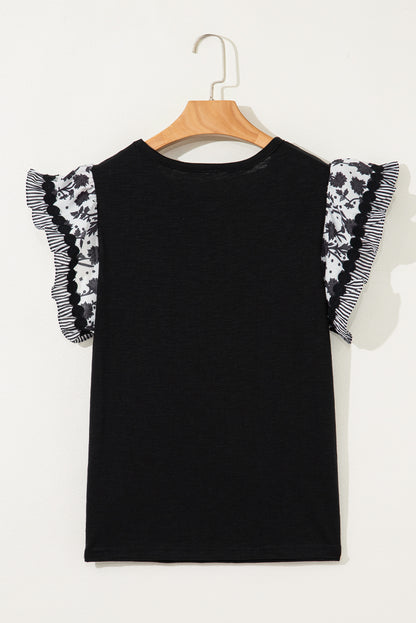 Rose Ricrac Trim Printed Flutter Sleeve Contrast Patchwork Blouse
