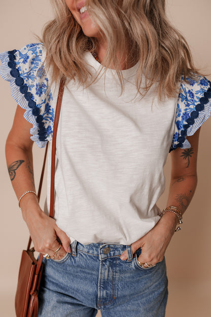 Rose Ricrac Trim Printed Flutter Sleeve Contrast Patchwork Blouse