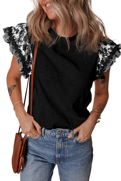 Rose Ricrac Trim Printed Flutter Sleeve Contrast Patchwork Blouse