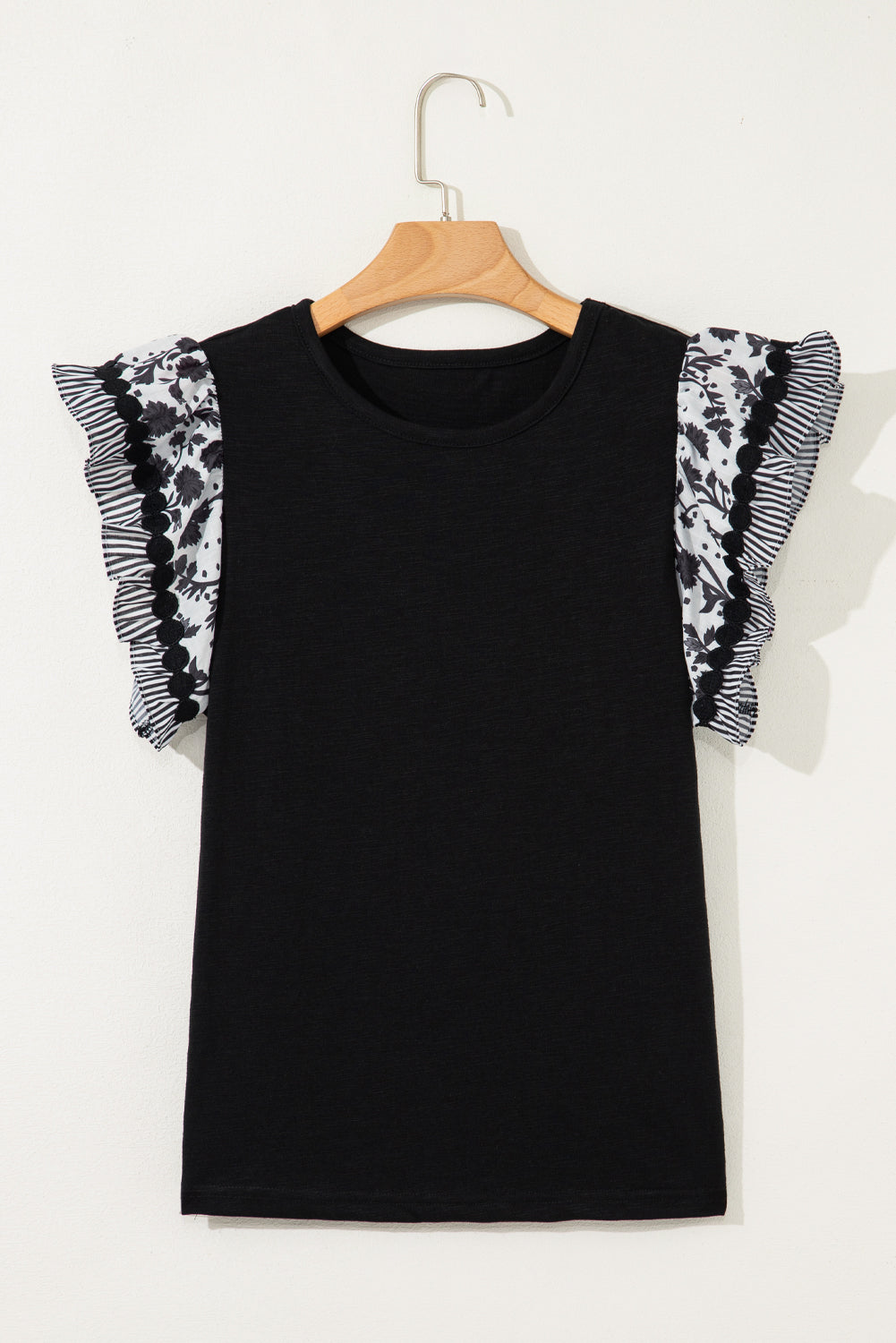 Rose Ricrac Trim Printed Flutter Sleeve Contrast Patchwork Blouse