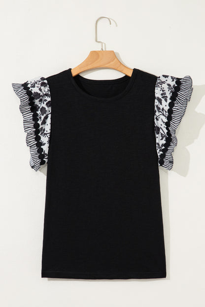 Rose Ricrac Trim Printed Flutter Sleeve Contrast Patchwork Blouse