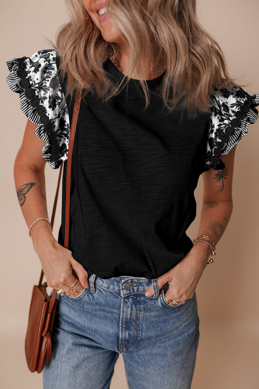 Rose Ricrac Trim Printed Flutter Sleeve Contrast Patchwork Blouse