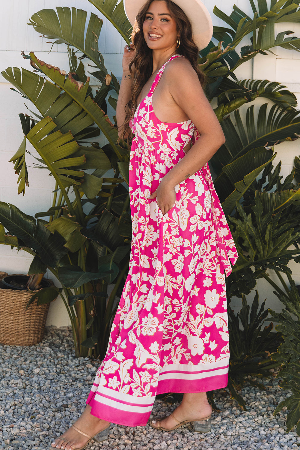 Blue Paisley V Neck Crisscross Backless Maxi Dress